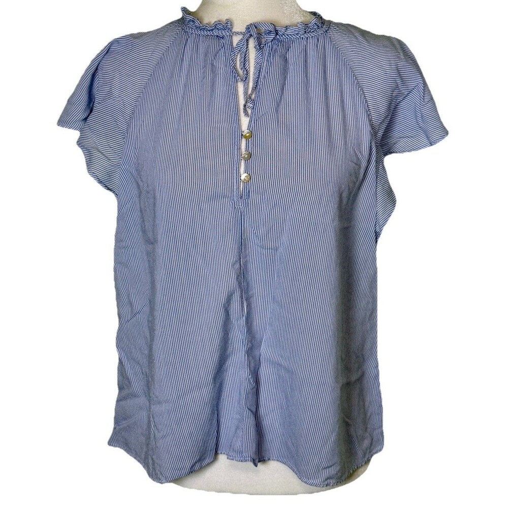 Women’s Blue White Pinstripe Flutter Sleeve Peasant Blouse Ruffle Tie Neck Sz 10